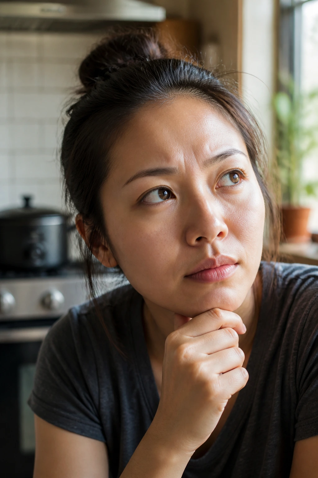 Close-up portrait of a thoughtful person in a kitchen planning a slow cooker Asian meal