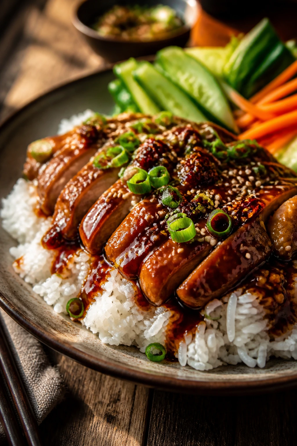 Close-up plate of glossy braised chicken over jasmine rice with green onions and sesame seeds