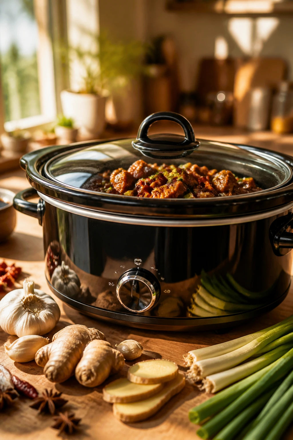 Close-up of a glossy slow cooker on a kitchen counter with aromatics arranged around it