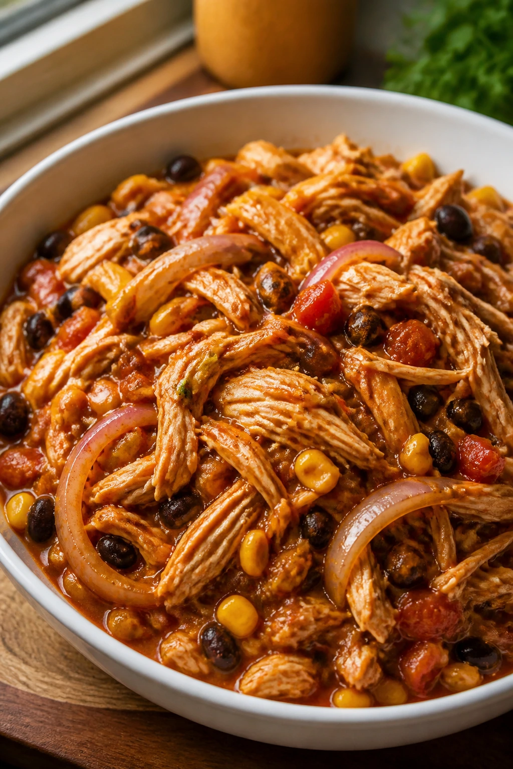 Close-up of shredded salsa chicken in a bowl with onions in a warm kitchen.