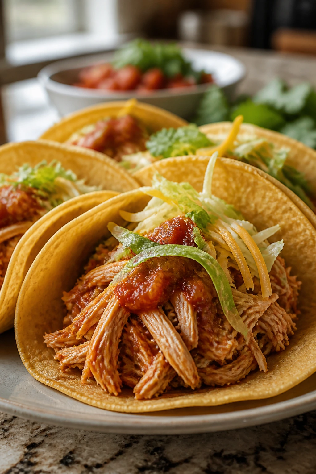 Close-up of Slow Cooker Salsa Chicken Tacos with shredded chicken in warm tortillas
