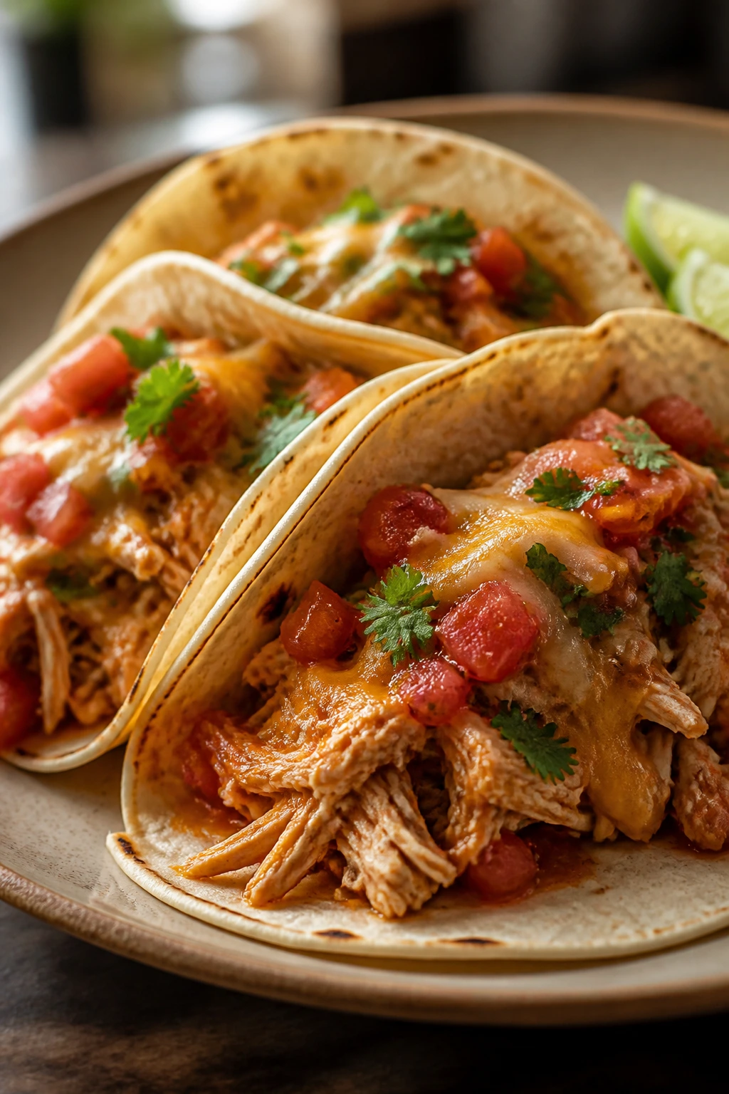 Close-up of shredded salsa chicken tacos on a plate with tortillas and salsa