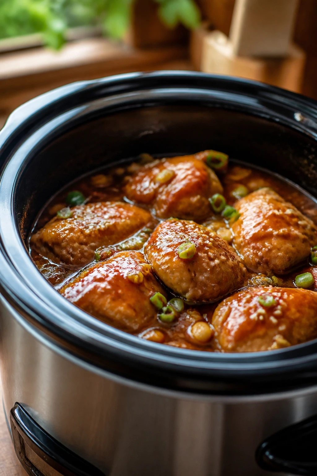 Close-up of a slow cooker with sauce inside on a kitchen counter