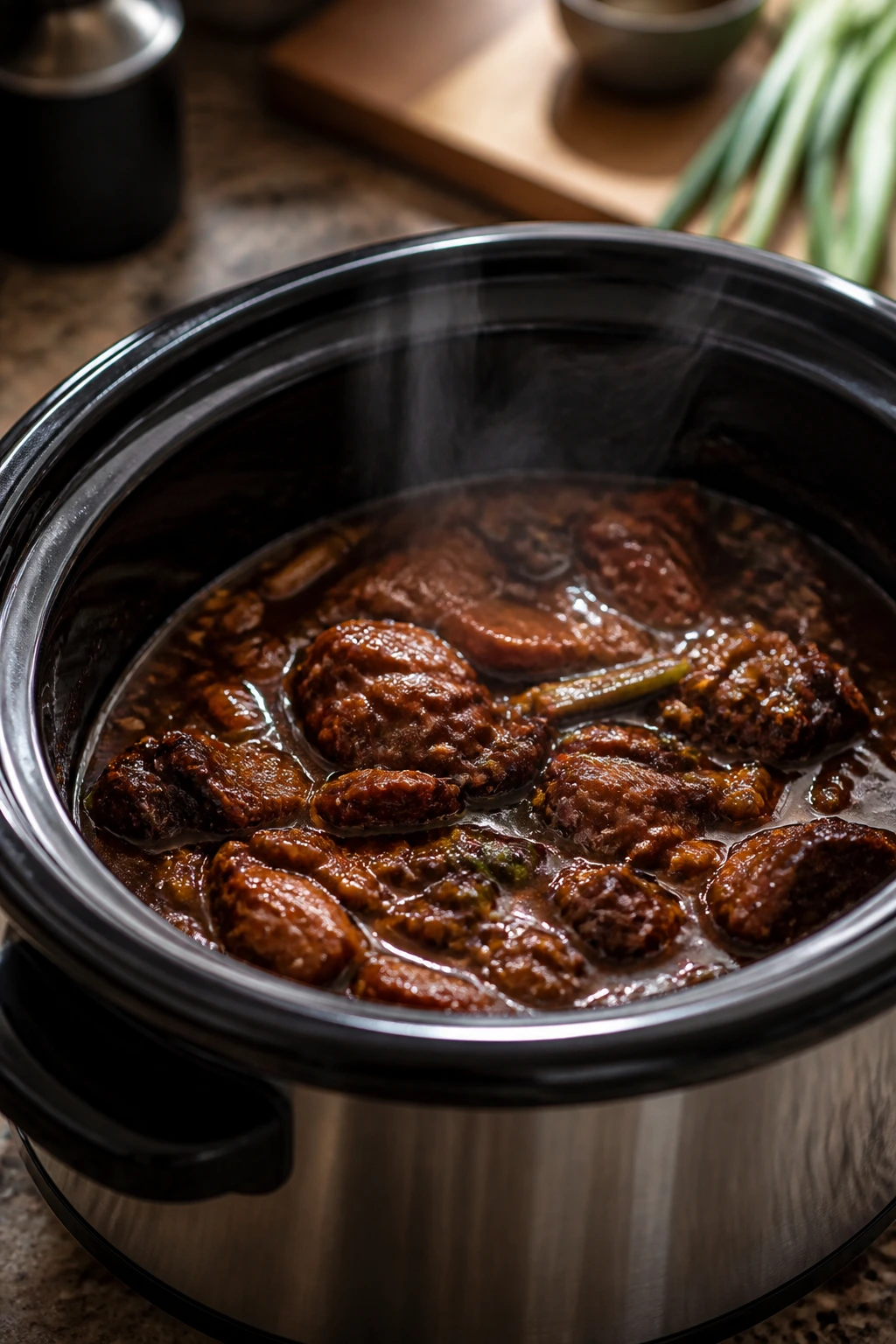 Close-up of a slow cooker braising sauce with meat chunks