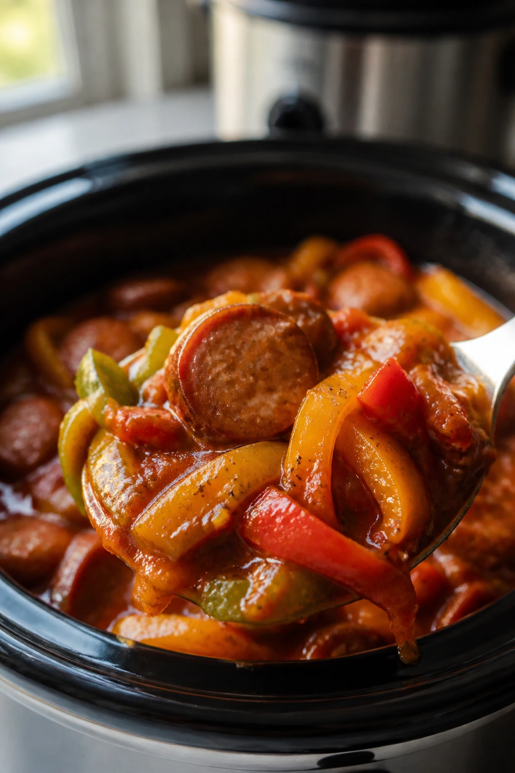 Sausage and peppers in a bowl with slow cooker background