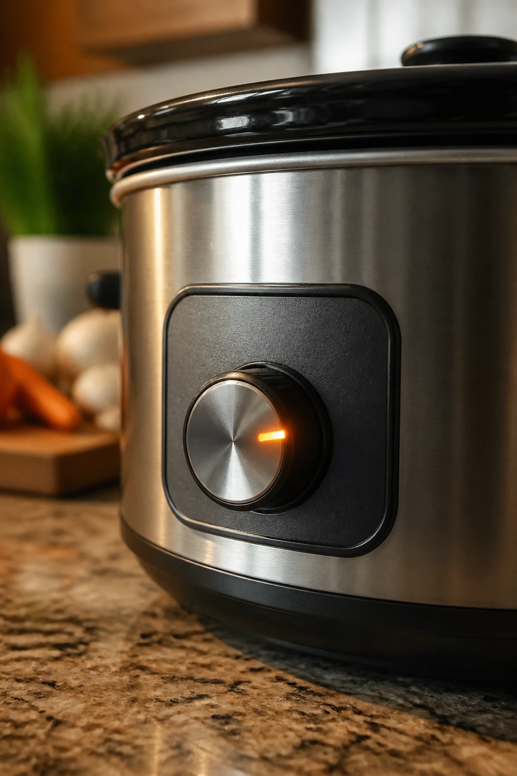 Slow cooker control knob with glow indicating a setting