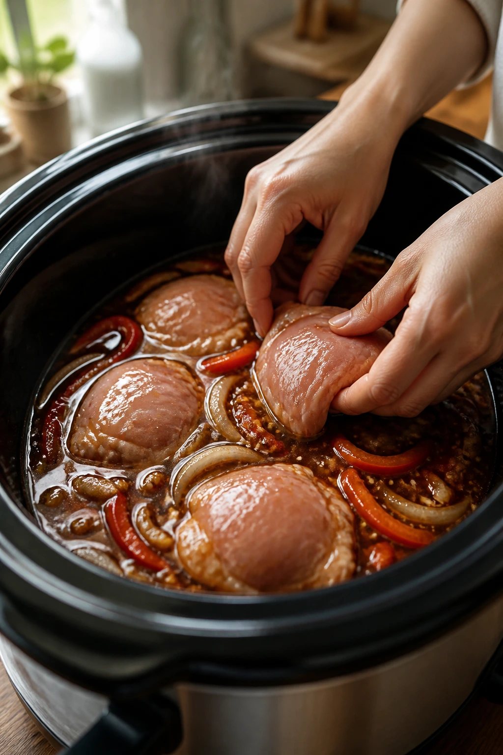 Hands placing chicken into a sauce-filled slow cooker insert