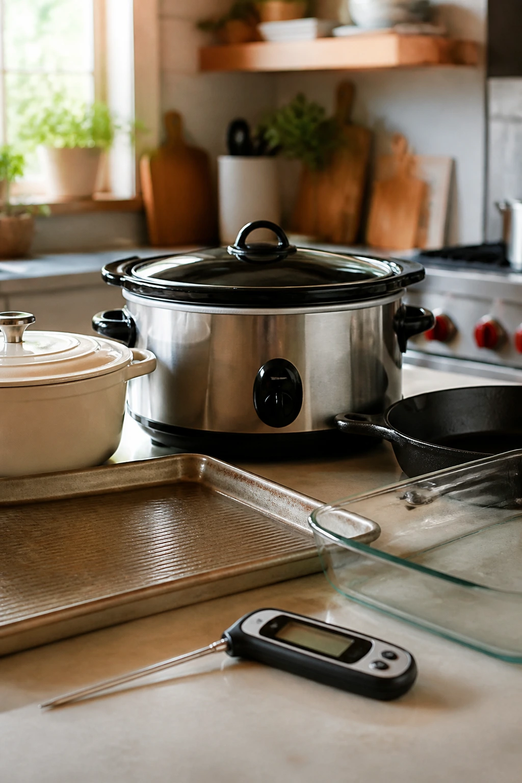 Essential kitchen equipment including slow cooker, sheet pan, skillet, baking dish, and Dutch oven