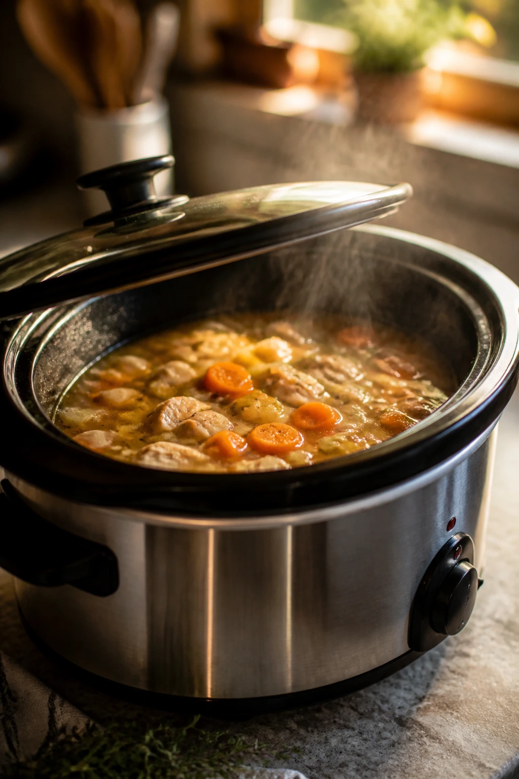 Slow cooker with steaming soup on a kitchen counter