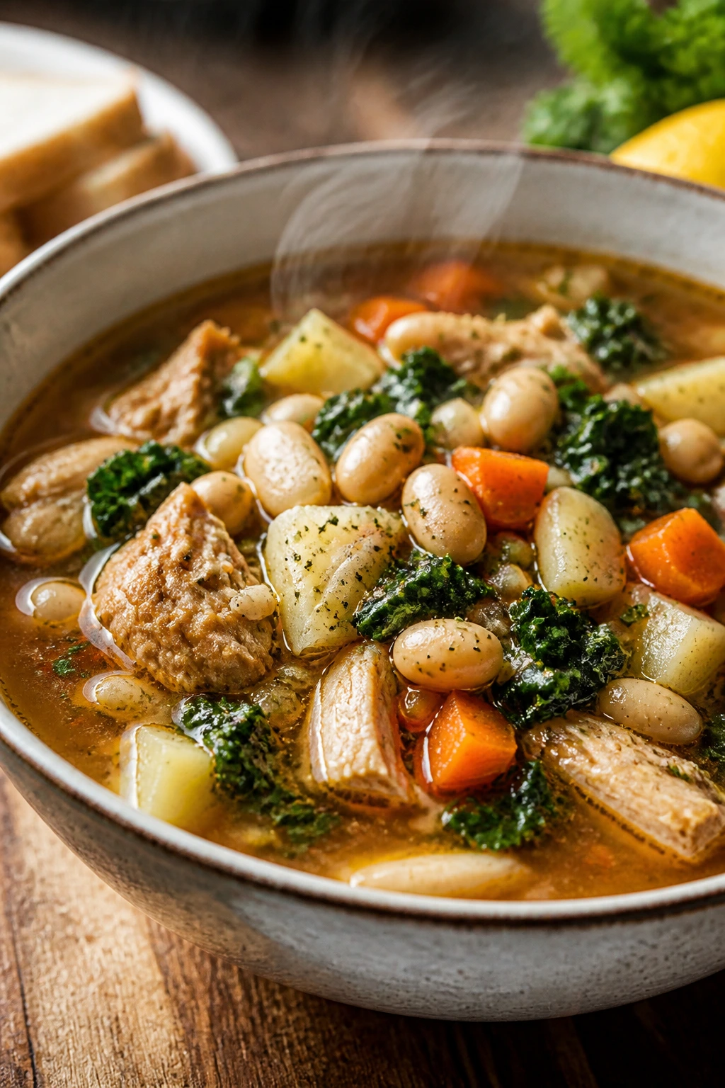 Close-up of a steaming bowl of slow cooker chicken cannellini soup on a rustic wooden table