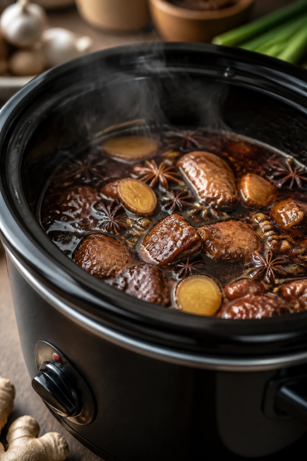 Slow cooker braising liquid with ginger and spices steaming inside