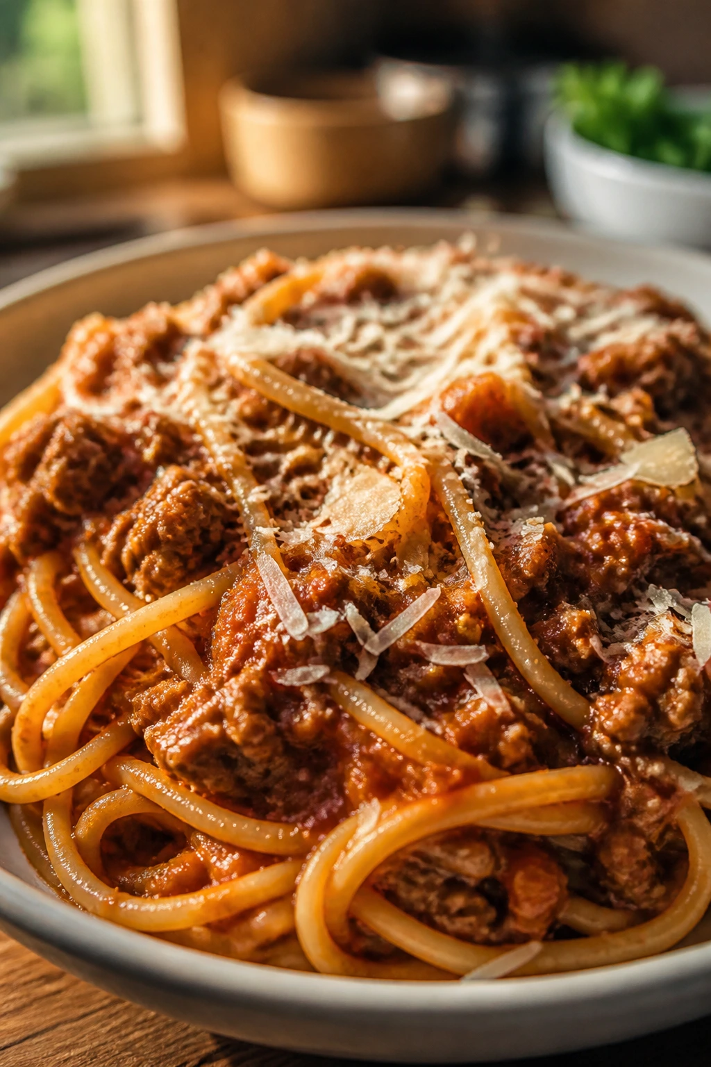 Close-up of spaghetti with meat sauce on a plate in a warm kitchen
