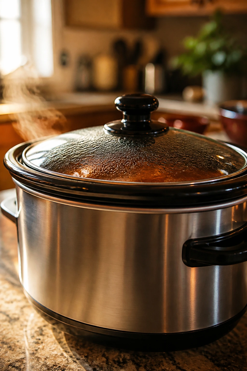 Slow cooker with lid on emitting steam in a cozy kitchen