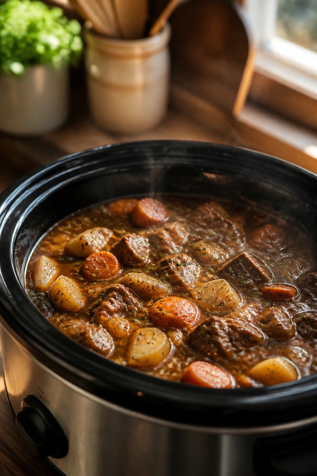Close-up of a bubbling slow cooker with stew in a warm kitchen