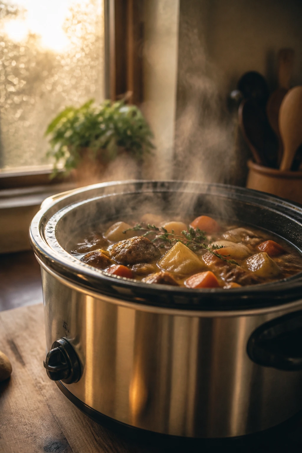 Cozy Sunday kitchen with a steaming slow cooker as the focal point