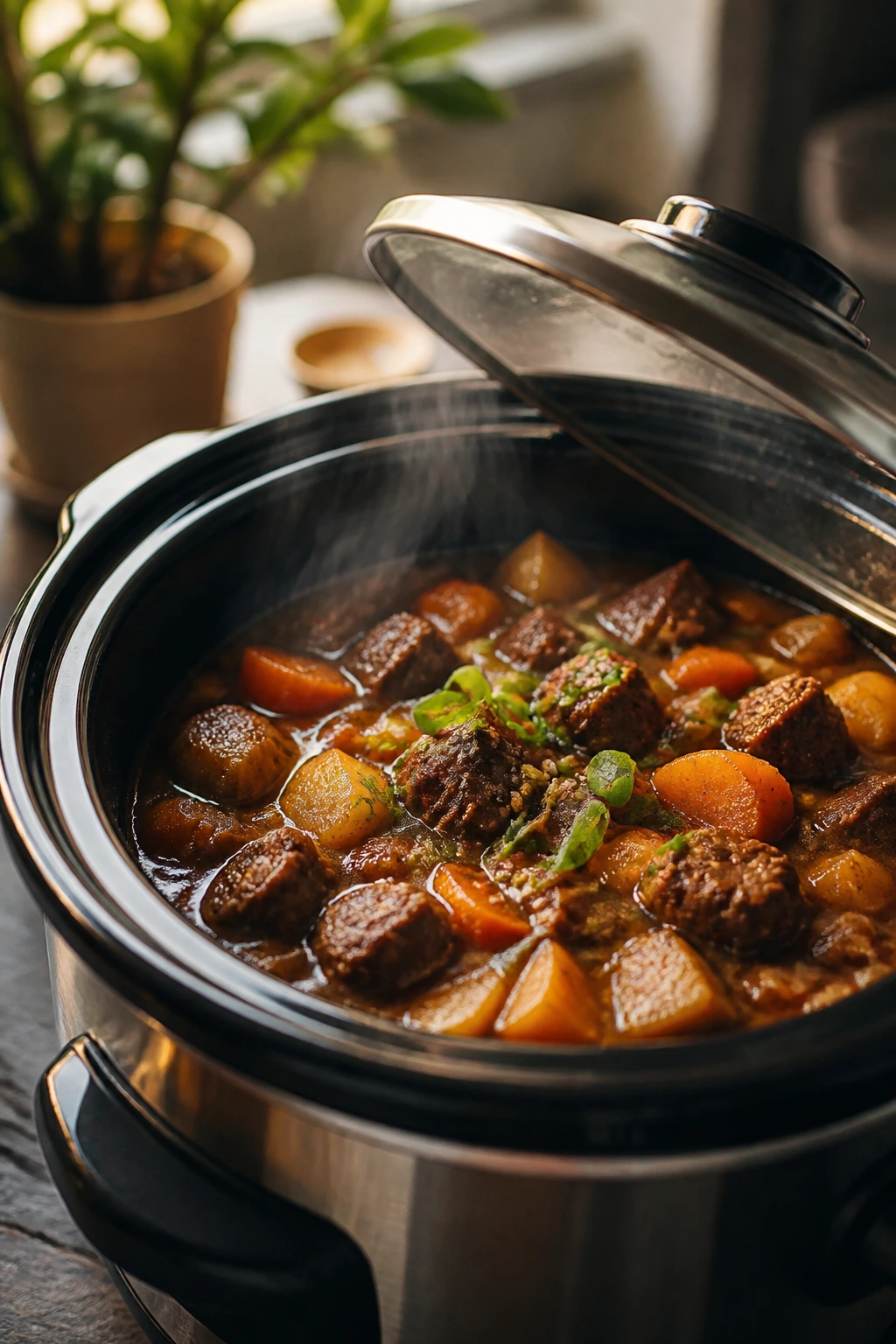 Close-up of a glossy slow cooker in a warm kitchen with steam