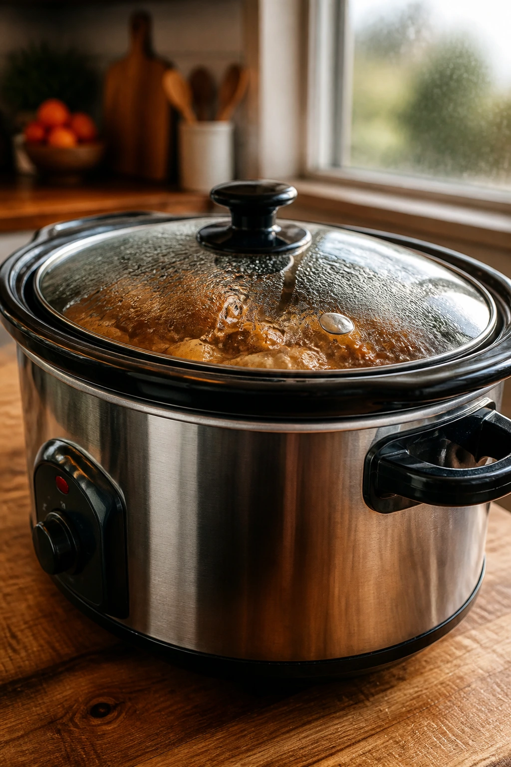 Close-up of a glossy slow cooker on a wooden kitchen counter with steam fogging a window