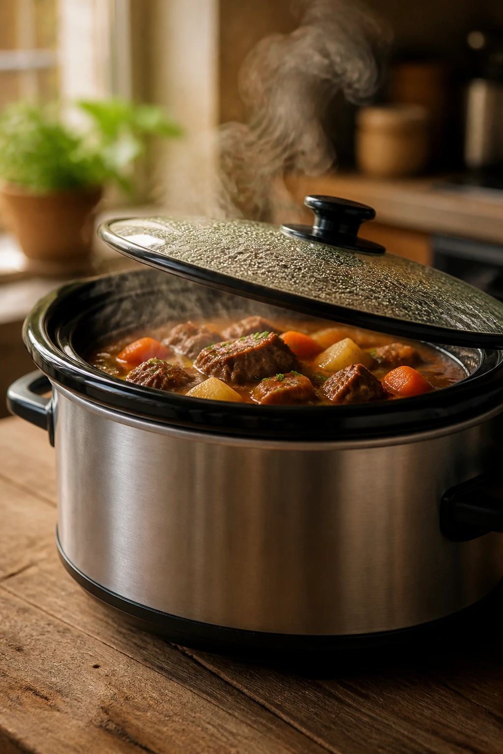 Close-up of a slow cooker steaming on a rustic kitchen table, cozy Sunday vibe