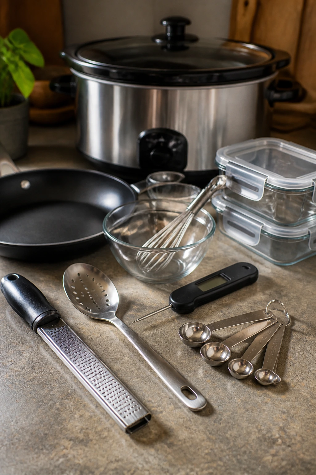 Assortment of essential kitchen tools for slow cooker Chinese cooking