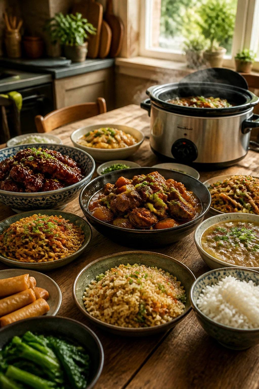 Table full of crockpot dishes and bowls on a kitchen table