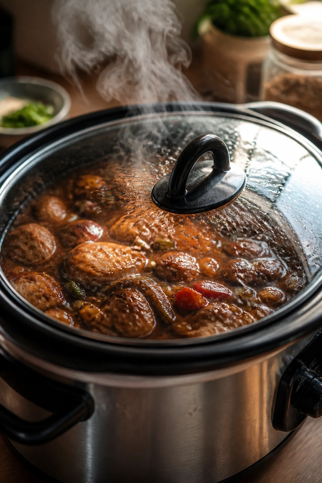 Slow cooker with braising liquid and steam in a home kitchen