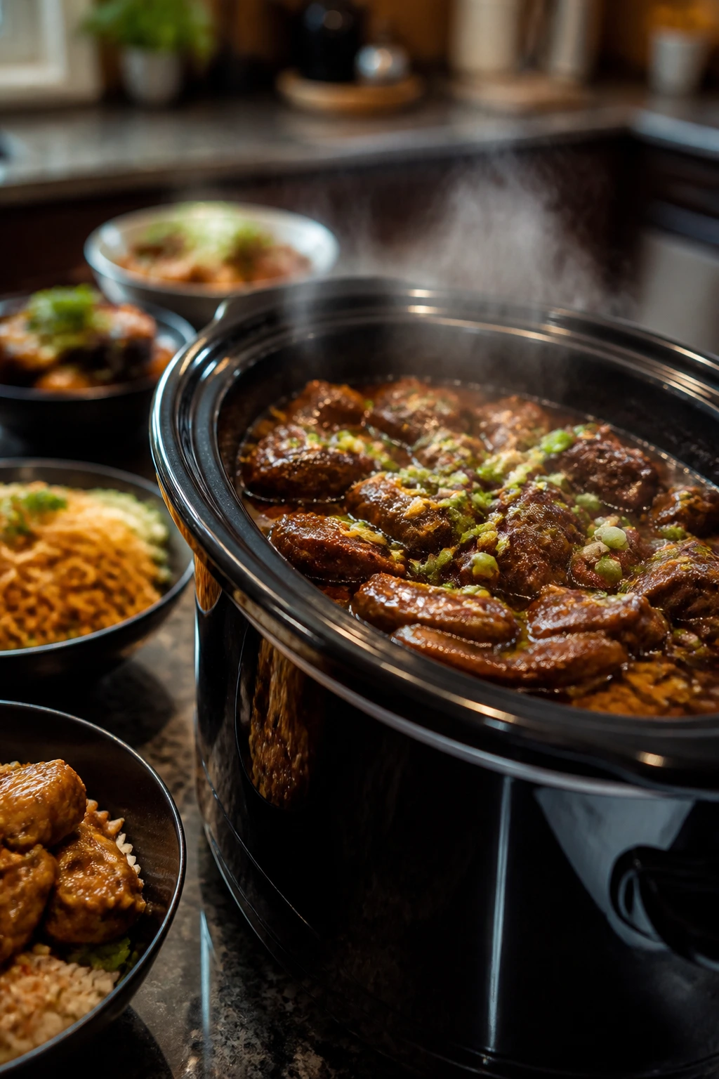 Slow cooker steaming in kitchen with takeout-night contrast