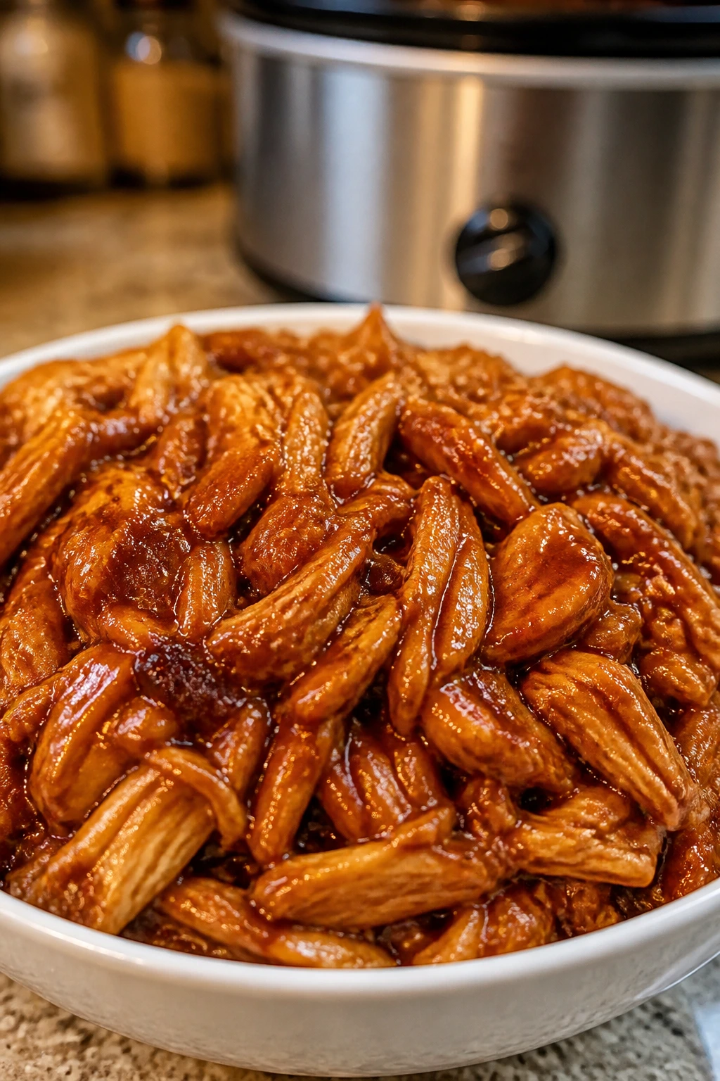 Shredded slow cooker teriyaki chicken in glossy sauce
