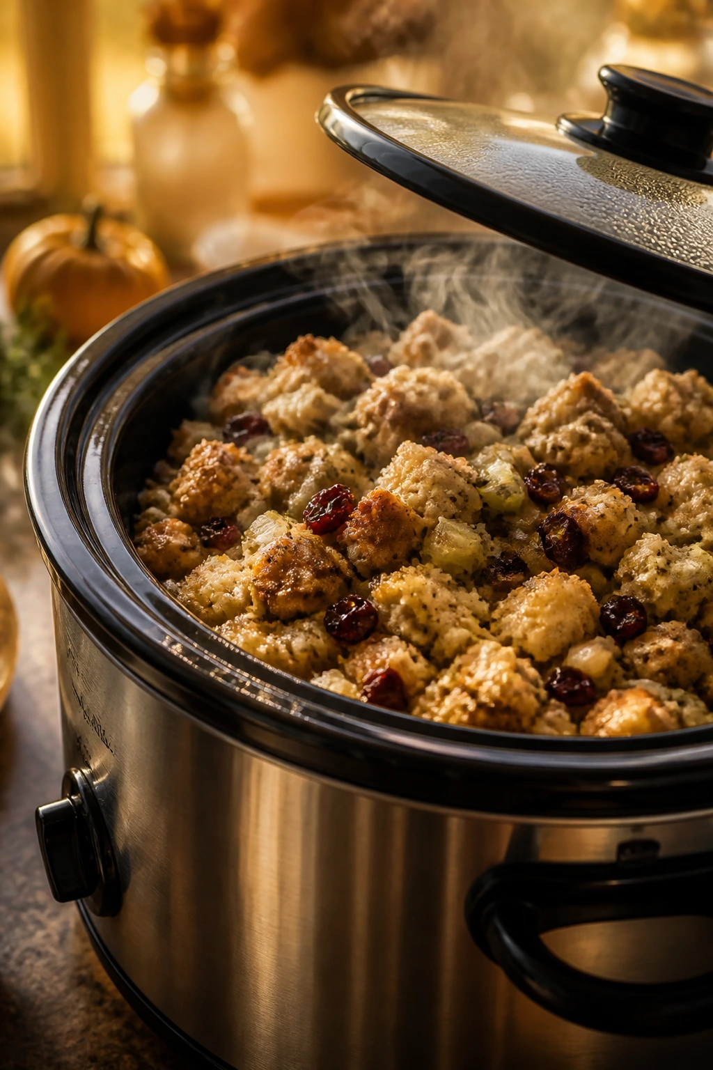 Close-up of a slow cooker with steaming Thanksgiving sides on a kitchen counter