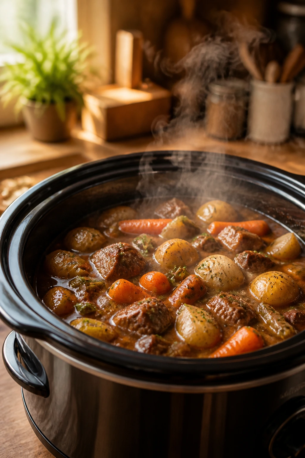 Slow cooker on a kitchen counter with steam rising in warm light.