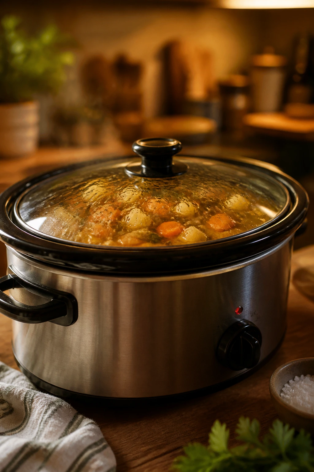 Slow cooker on counter with steam in a cozy kitchen