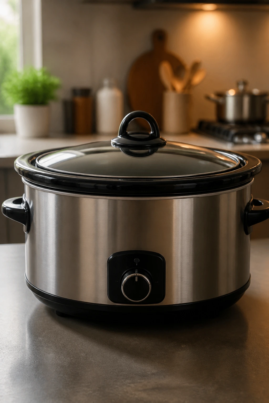 Six-quart slow cooker as main subject on kitchen counter.