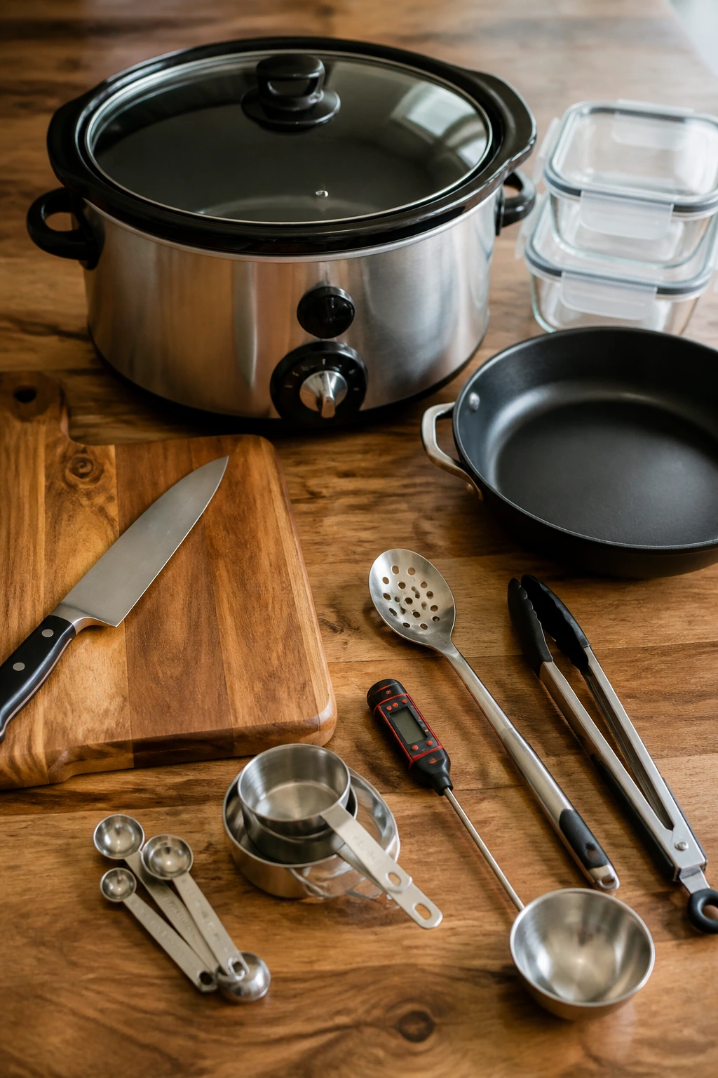 Top-down arrangement of slow cooking tools on a kitchen counter