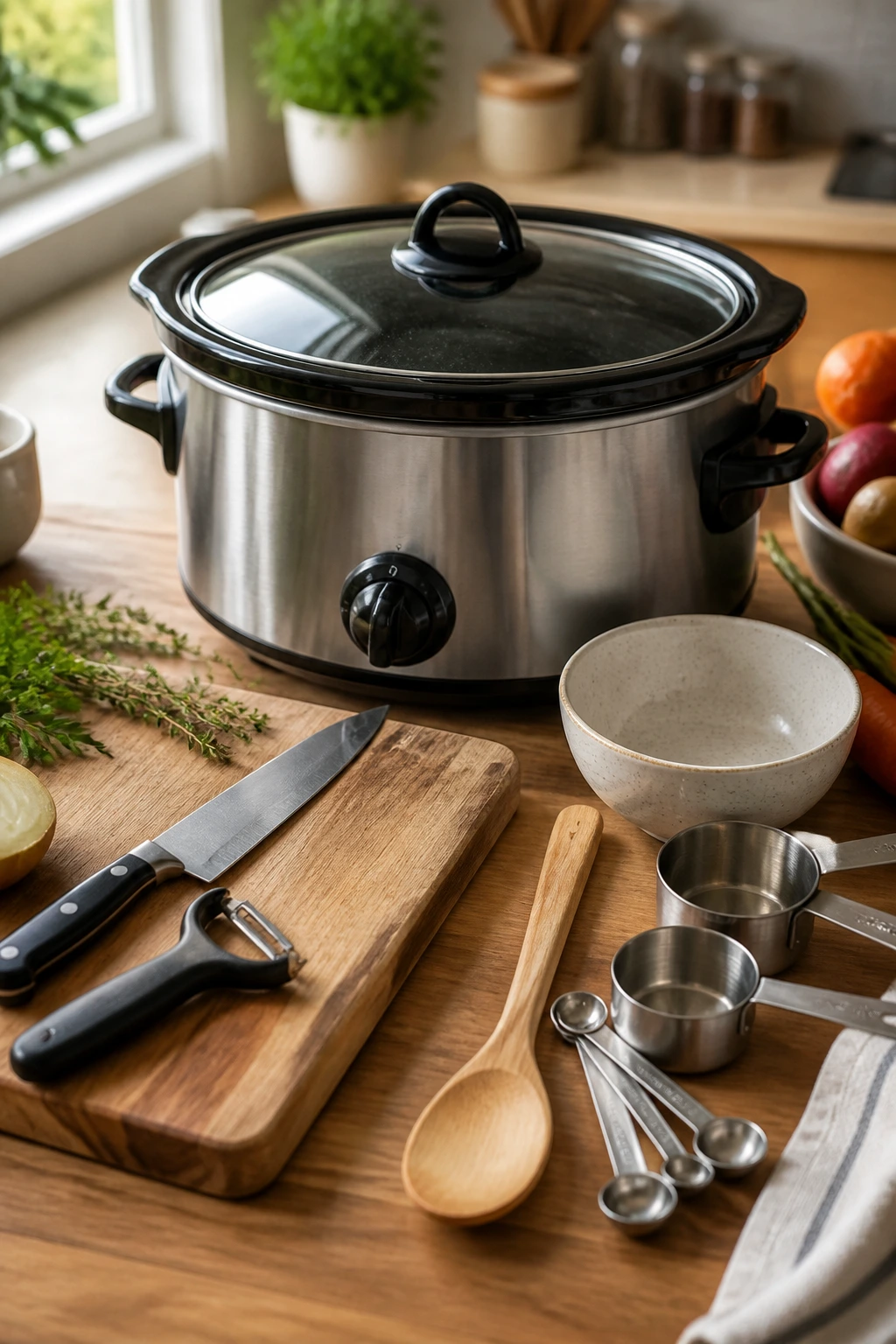 Slow cooker with essential kitchen tools in a tidy setup