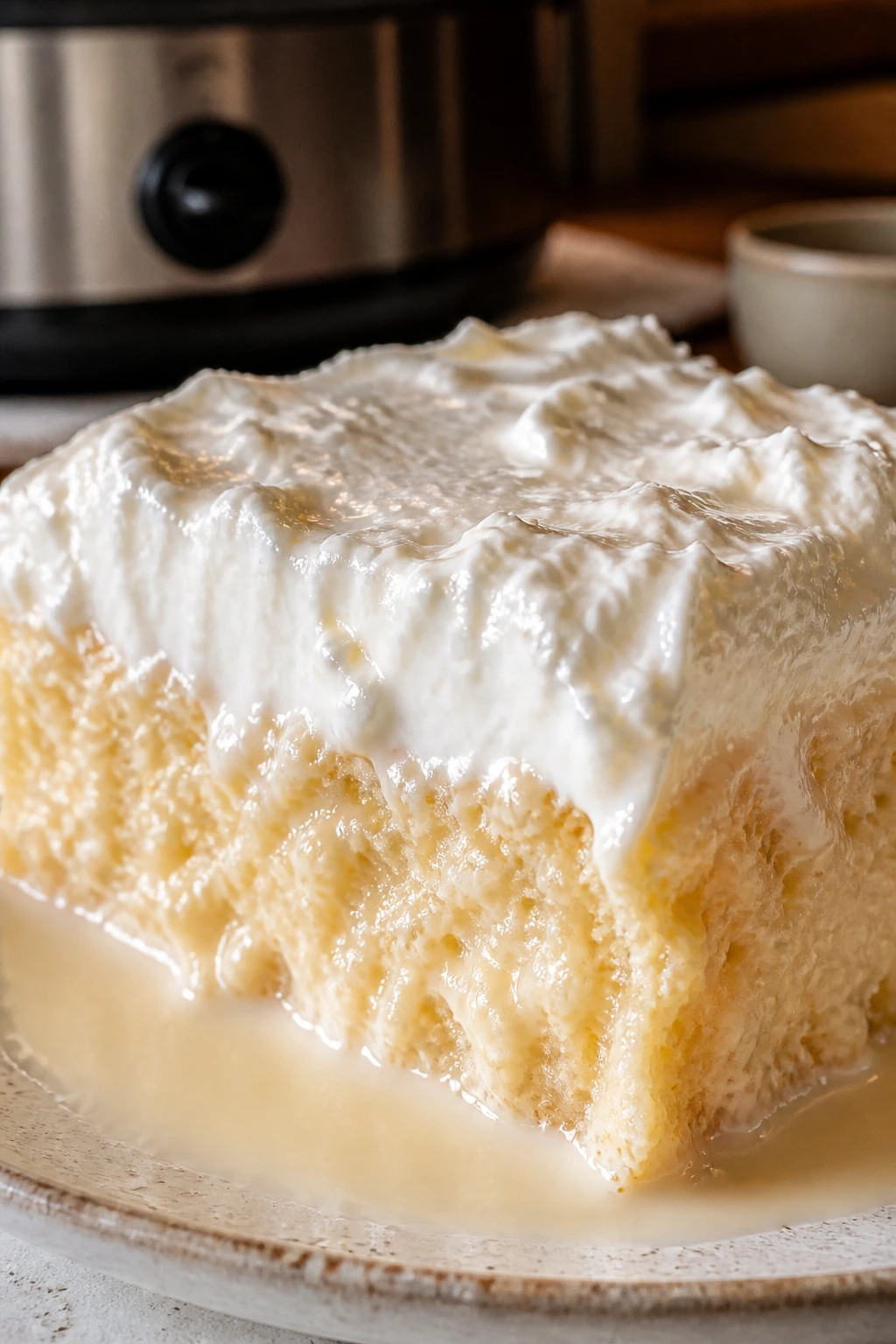 Tres leches cake slice on a plate in a cozy kitchen