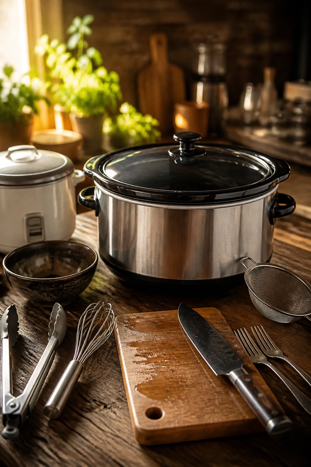 Close-up of essential equipment on a wooden counter, featuring a slow cooker and utensils