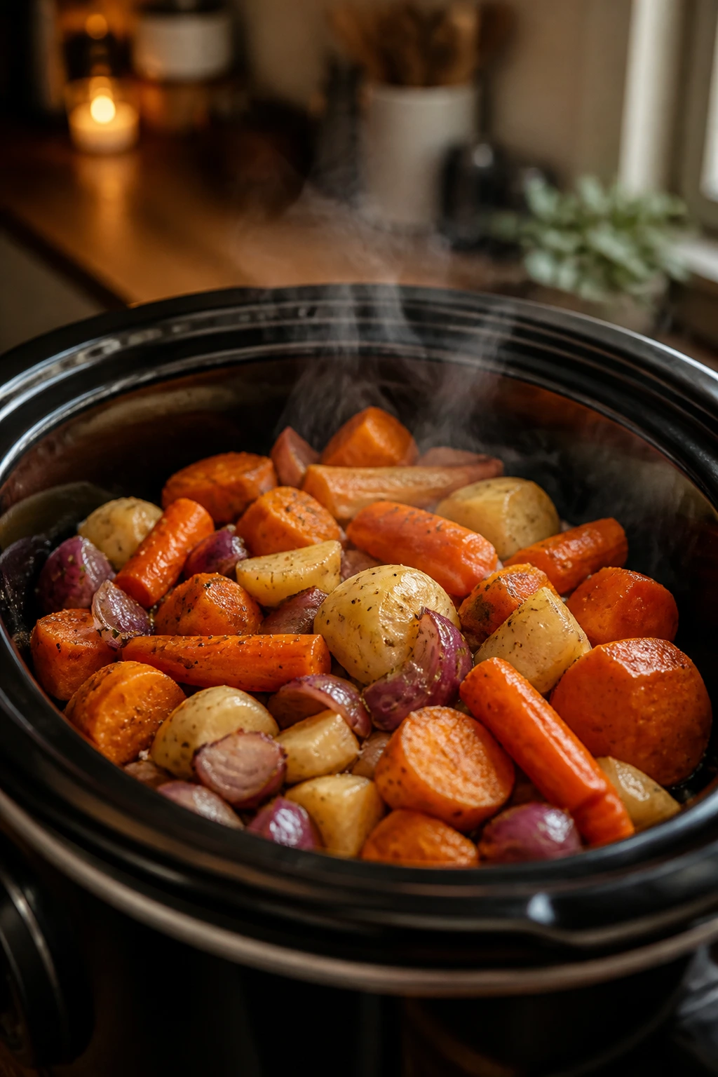 Close-up of vegetables steaming in a slow cooker insert.