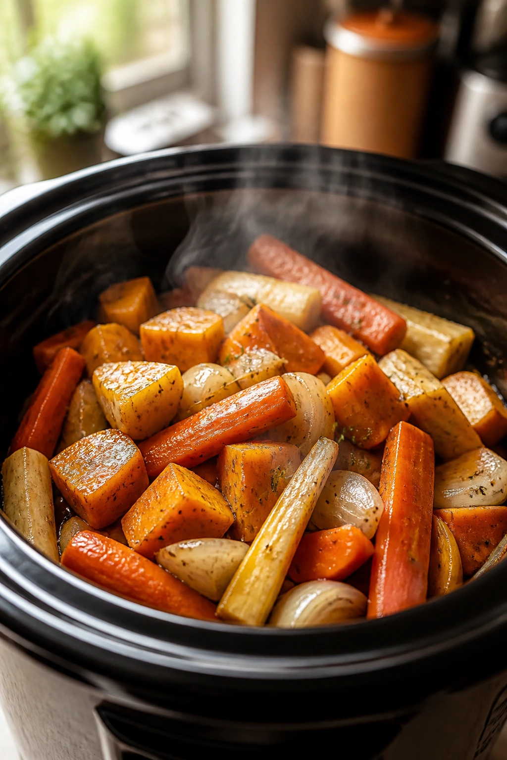 Close-up of colorful slow cooker vegetables in a glossy insert with steam.