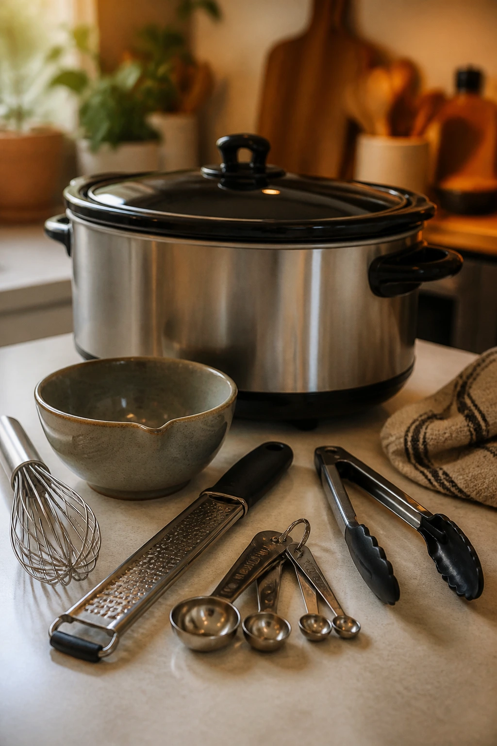 Tools for slow cooker chicken: slow cooker, whisk, microplane, spoons, tongs
