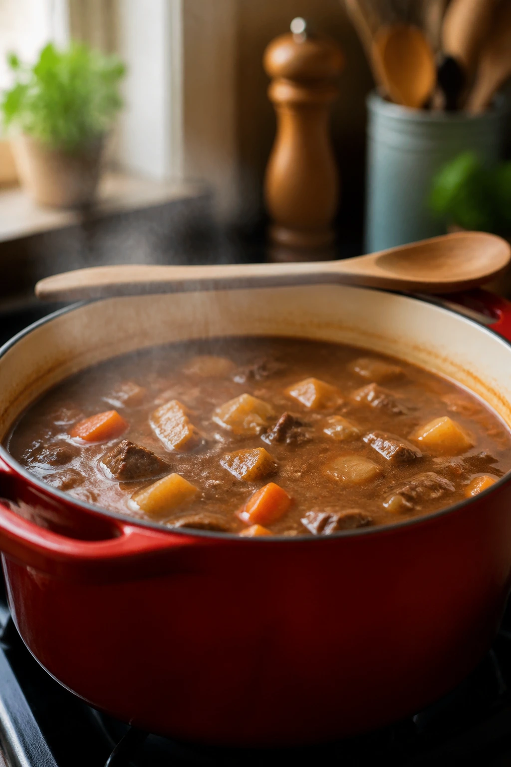 Steam rising from a gently simmering stew pot on a stove