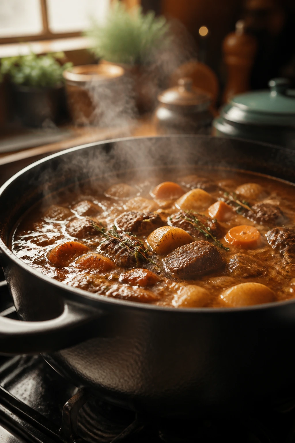 Steam rising from a simmering pot on a cozy stove