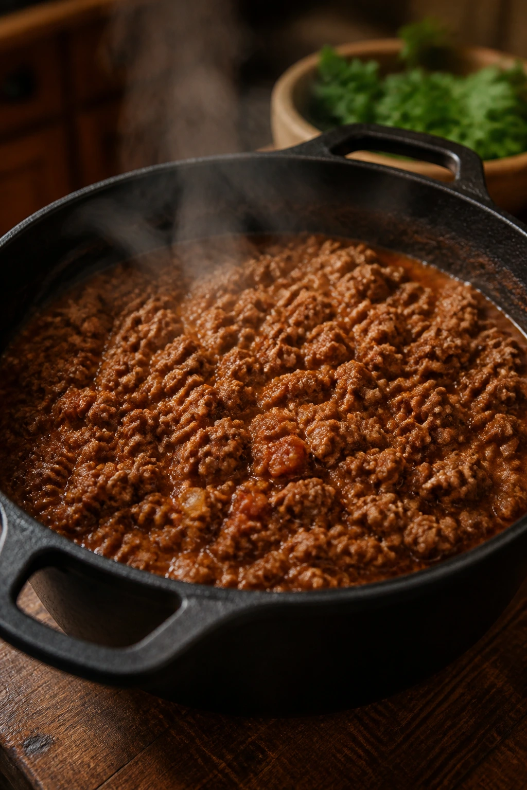 Close-up of slow-simmered ground beef in a Dutch oven, ideal for a crowd