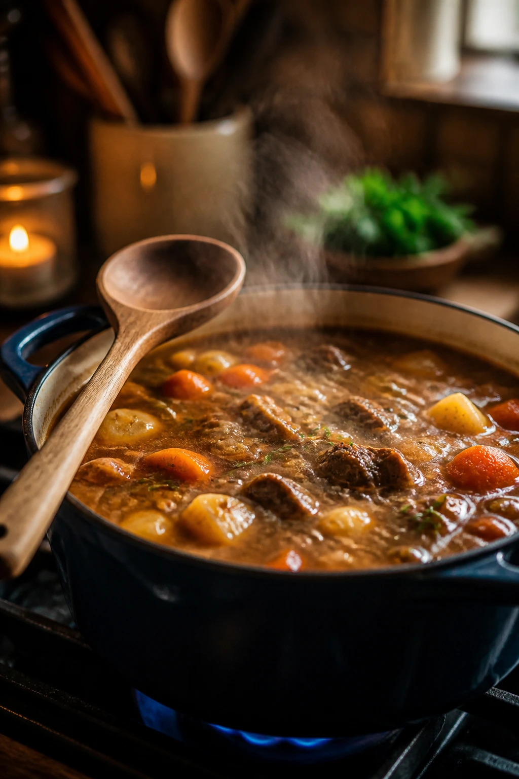 Pot simmering on stove with steam rising, illustrating slow simmering for winter soup.