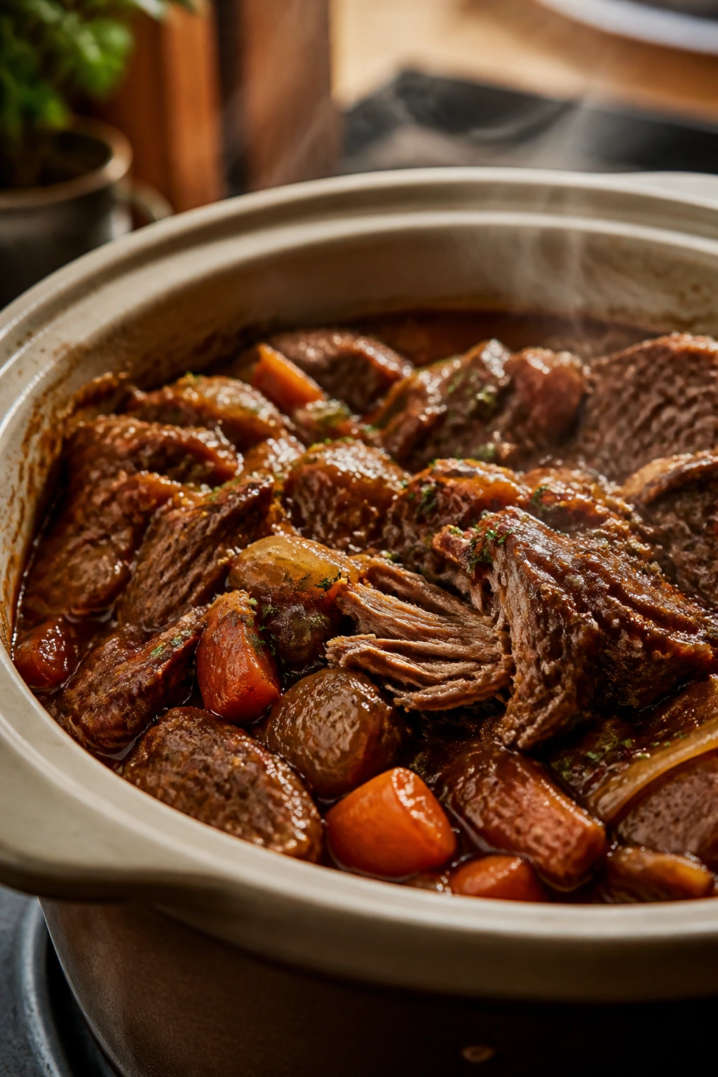 Steaming roast or chili on a rustic plate embodying a quiet slow Sunday dinner