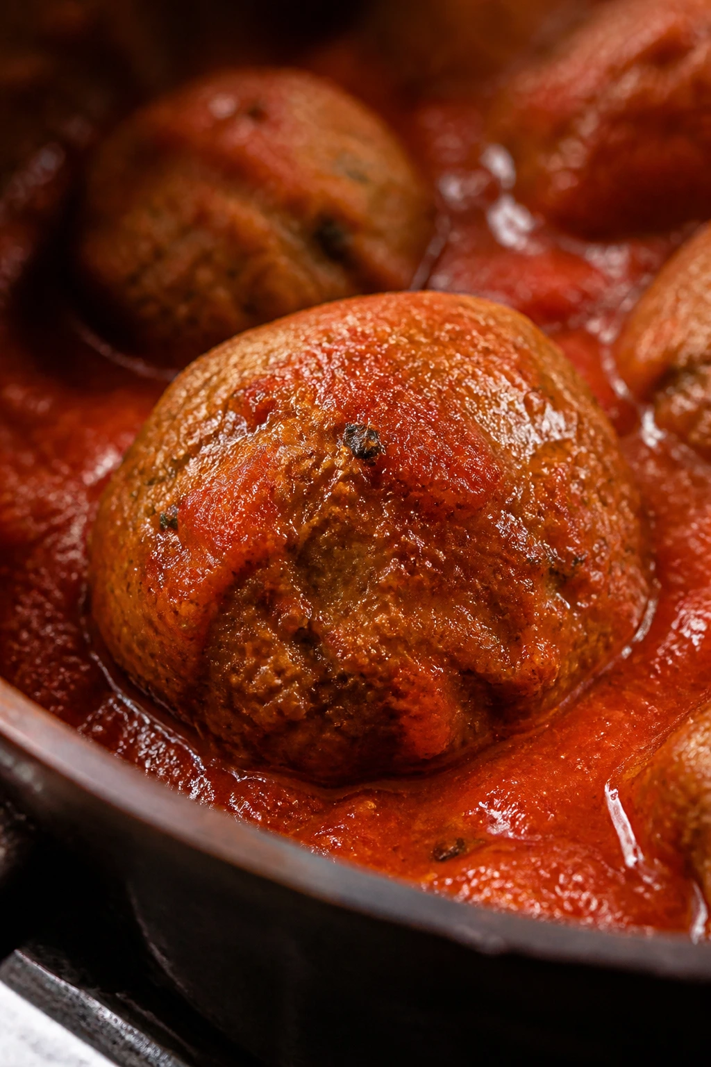 Close-up of meatball soaking in slow-simmered marinara