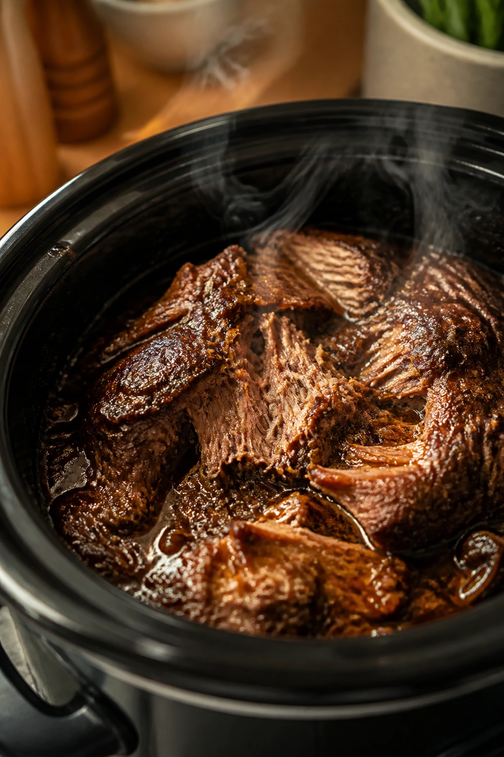 Close-up of a slow cooker insert with braised pork and sauce in a warm kitchen