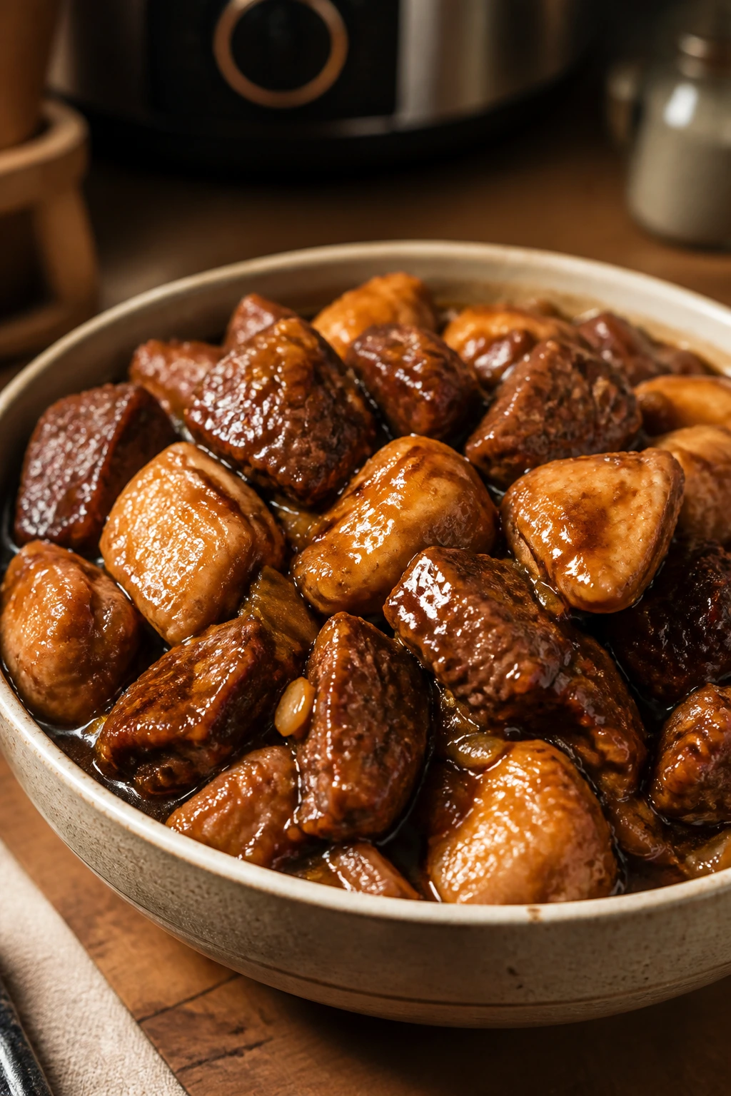 Close-up of glossy braised chicken and beef in caramelized sauce in ceramic bowl on wooden counter