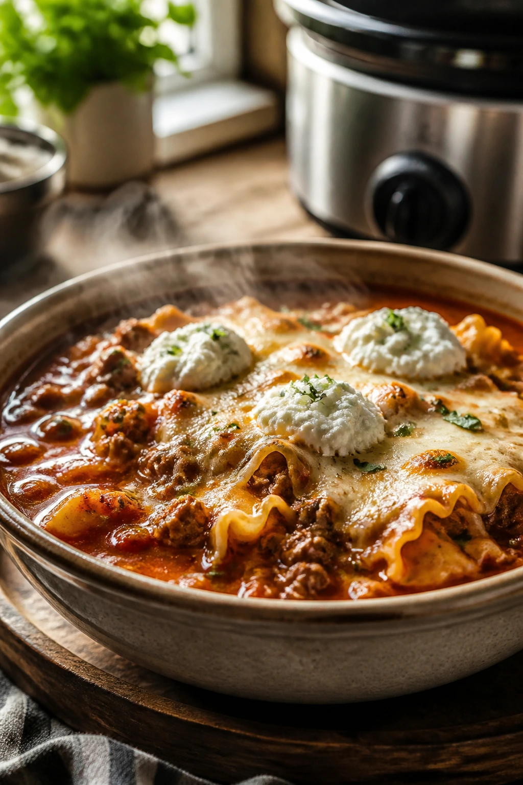 Steaming bowl of Slow Cooker Lasagna Soup with ricotta and mozzarella in a warm kitchen