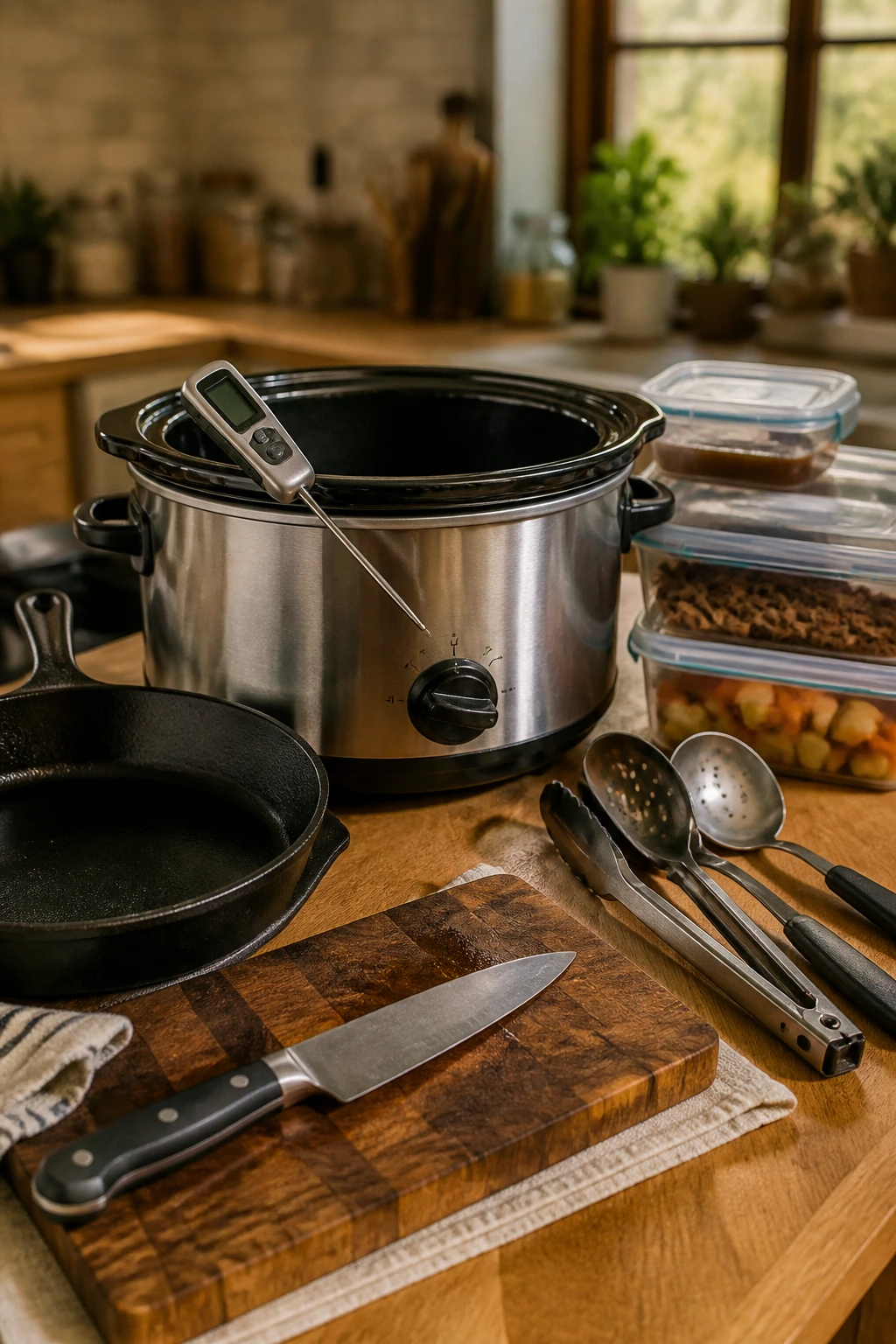 Close-up of essential slow-cooking tools and containers on a kitchen counter