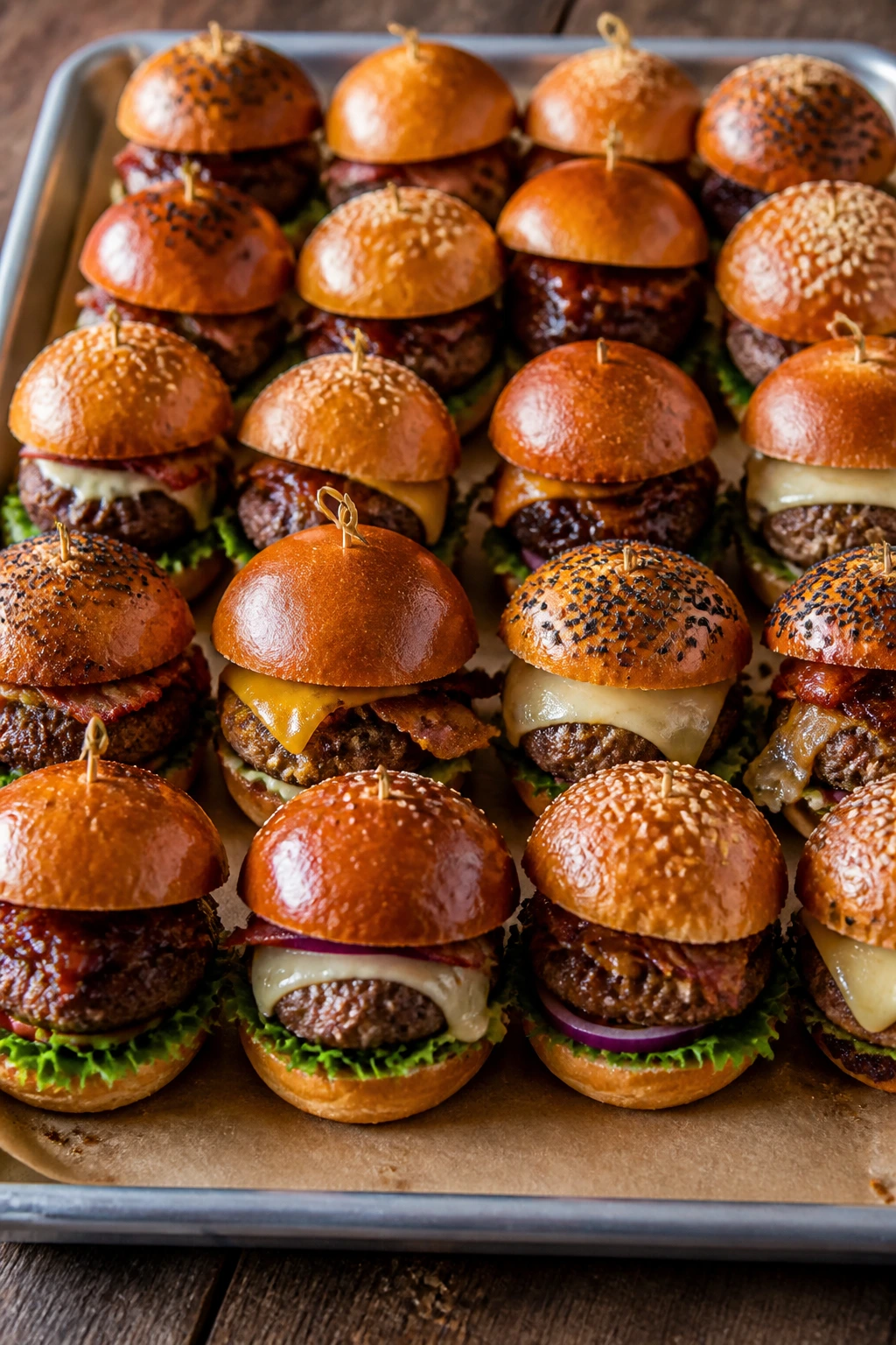 Tray of multiple sliders showcasing variety in a kitchen setting.