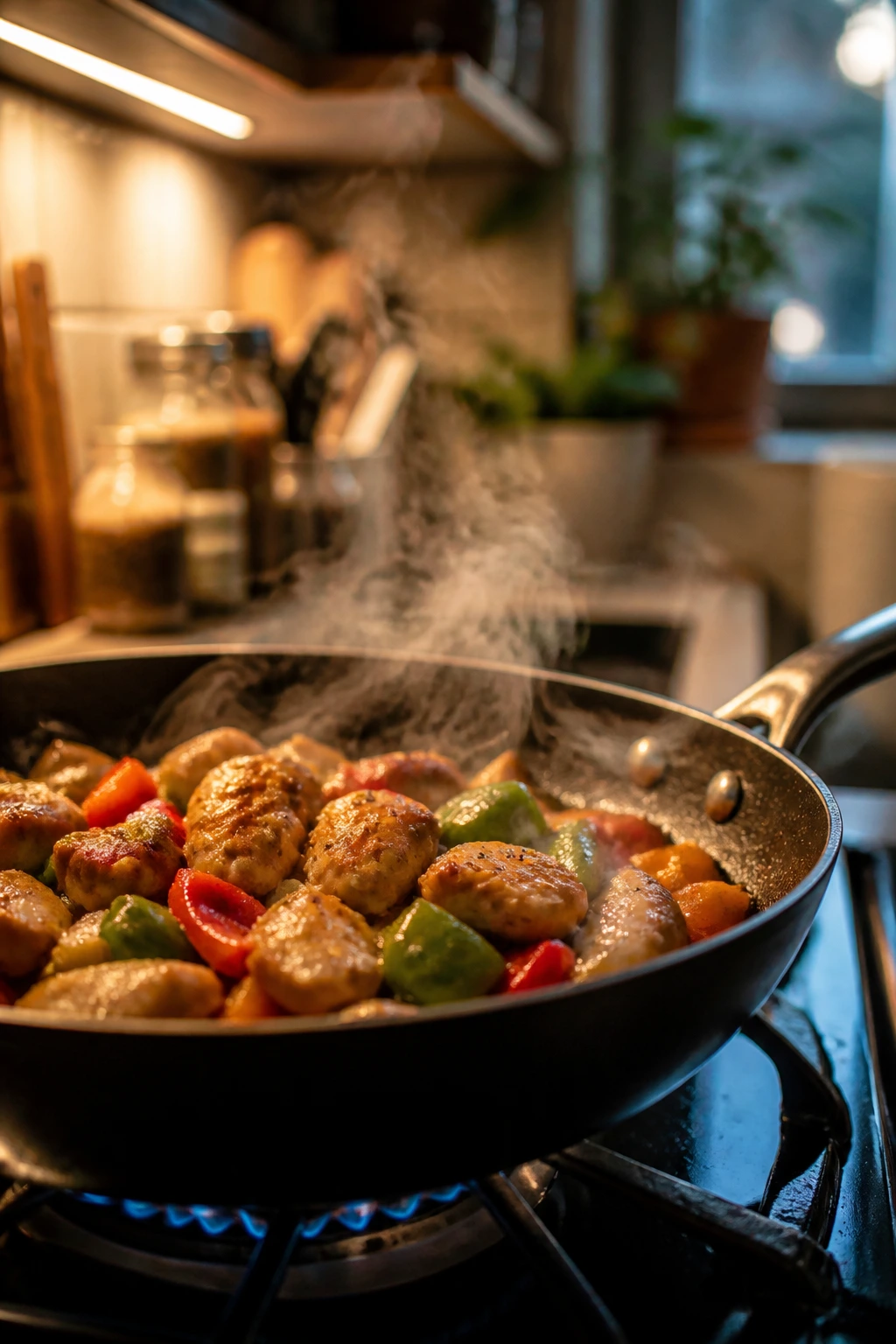 Close-up of a sizzling skillet on a small apartment stove with steam rising.